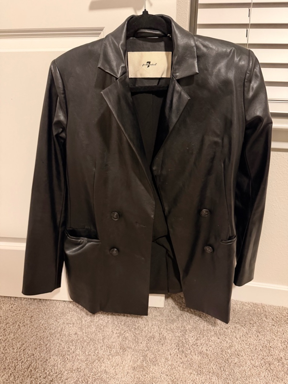 7 For All Mankind Women’s Black Leather Double-Breasted Blazer Jacket